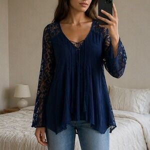 Ecote Womens Lace Tunic XS Blue Long Sleeve Sheer Boho Fairy Ethereal Romantic